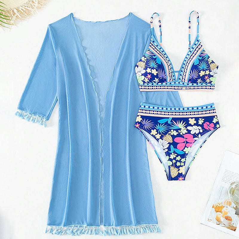 Damen Bikini-Set mit floralem Oberteil und eleganter Wickeljacke R&B