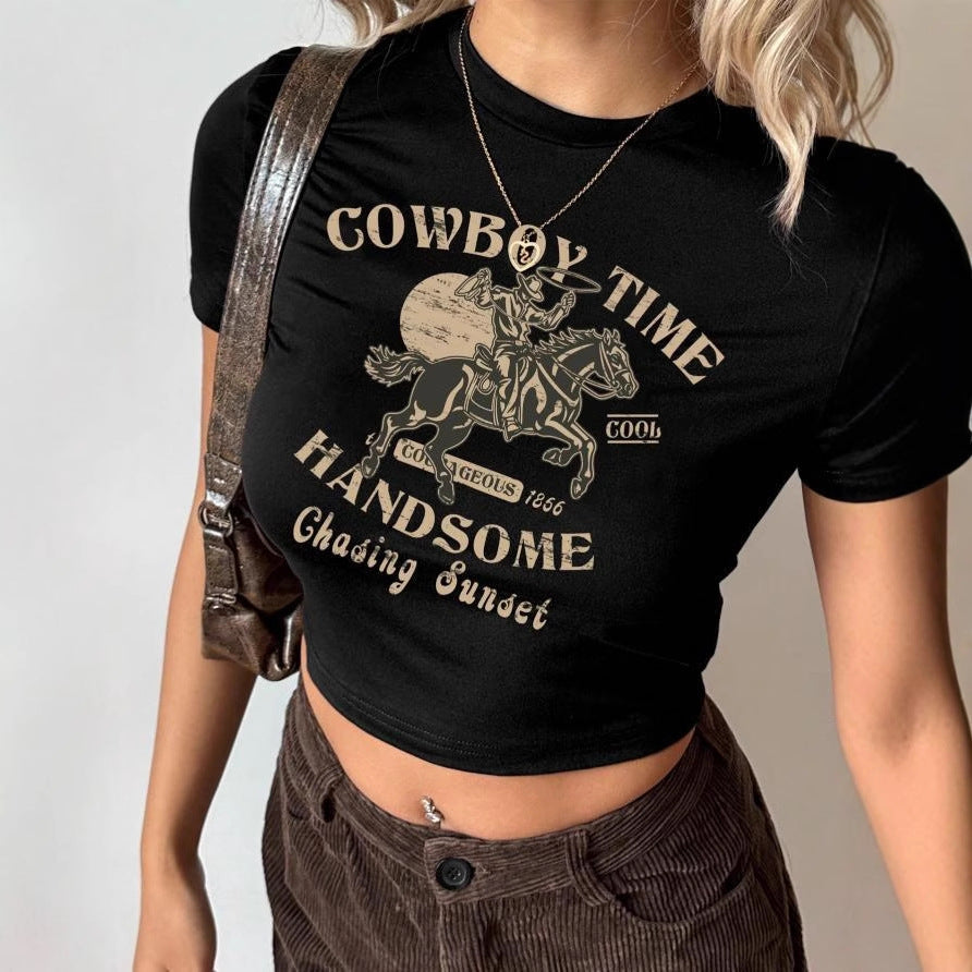 Damen Crop-Shirt mit auffälligem Cowboy-Motiv und stilvollem Schnitt R&B