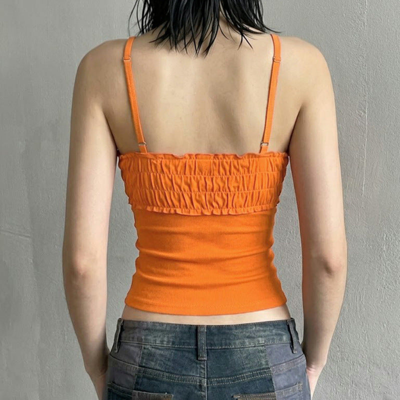 Damen Spitzen-Crop-Top mit dekorativem Rüschen und Knopfdetails R&B