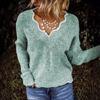 Damen kuscheliger Strickpullover mit tiefem V-Ausschnitt und gewellten Abschlüssen R&B
