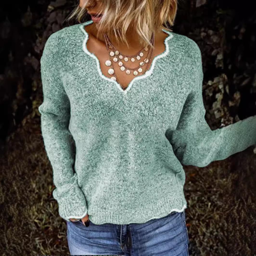 Damen kuscheliger Strickpullover mit tiefem V-Ausschnitt und gewellten Abschlüssen R&B
