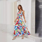 Damen Langärmliges Maxi-Kleid mit verspieltem Mehrfarbigem Design R&B