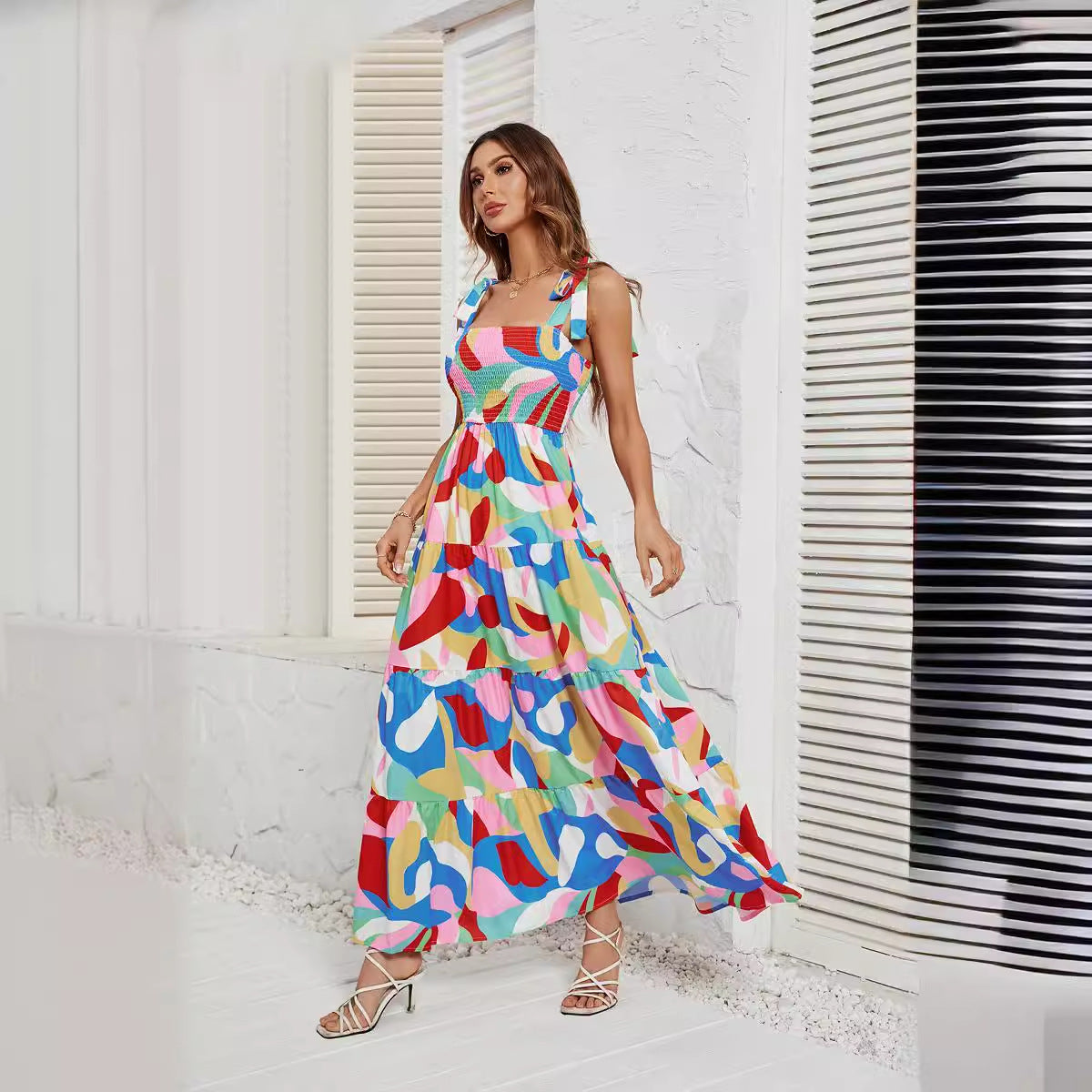 Damen Langärmliges Maxi-Kleid mit verspieltem Mehrfarbigem Design R&B