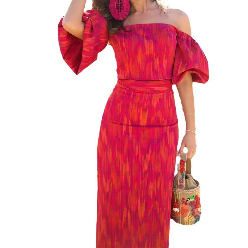 Damen figurbetontes Maxikleid mit Puffärmeln und elegantem V-Ausschnitt R&B
