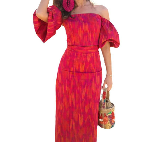 Damen figurbetontes Maxikleid mit Puffärmeln und elegantem V-Ausschnitt R&B