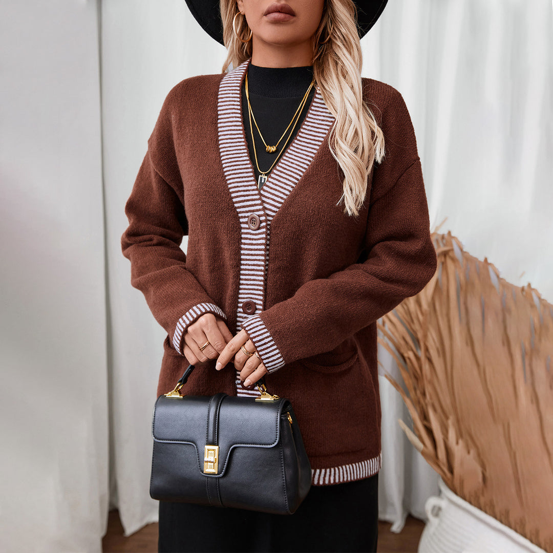 Damen Strickjacke mit modernen Streifenakzenten und Taschen R&B