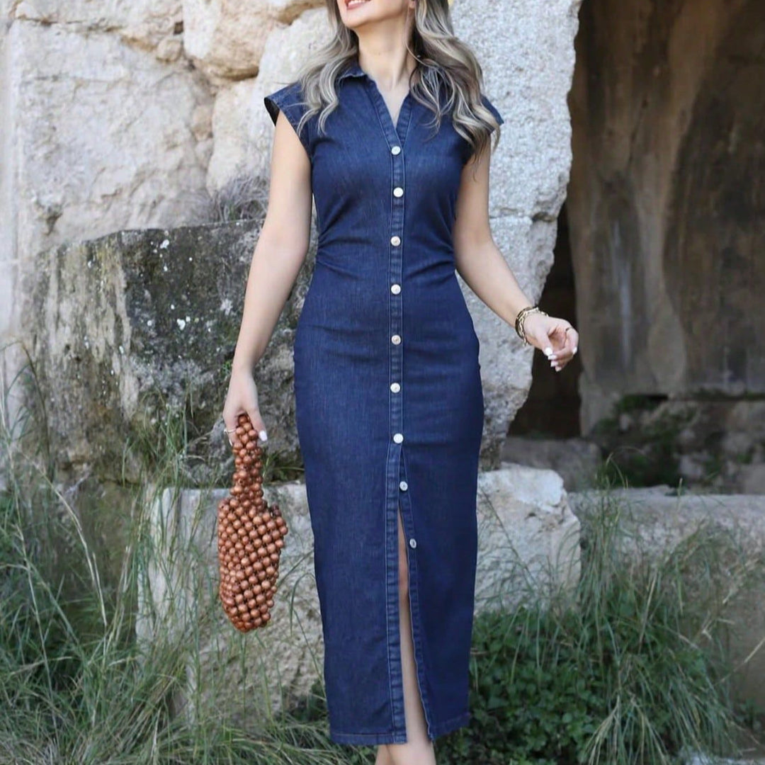 Damen lässiges Midi-Kleid mit Knopfverschluss und Raffung R&B