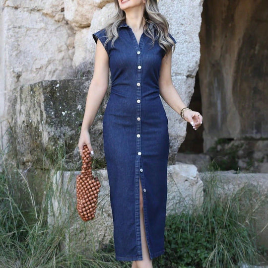 Damen lässiges Midi-Kleid mit Knopfverschluss und Raffung R&B