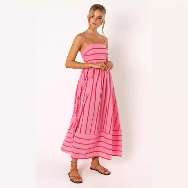 Damen Maxikleid mit feinen Streifen und elastischem Taillenbund R&B