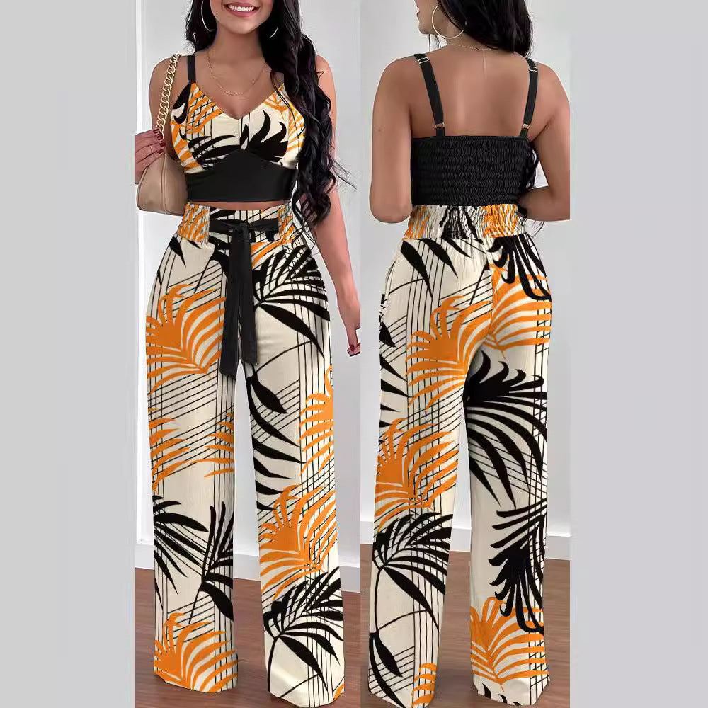 Damen Zweiteiliges Set aus floralem Oberteil und weiten Hosen R&B