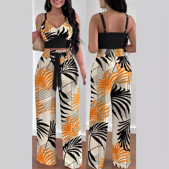 Damen Zweiteiliges Set aus floralem Oberteil und weiten Hosen R&B