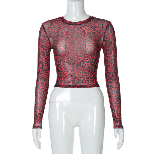Damen Modisches, figurbetontes Langarm-Crop-Top mit Leo-Muster R&B