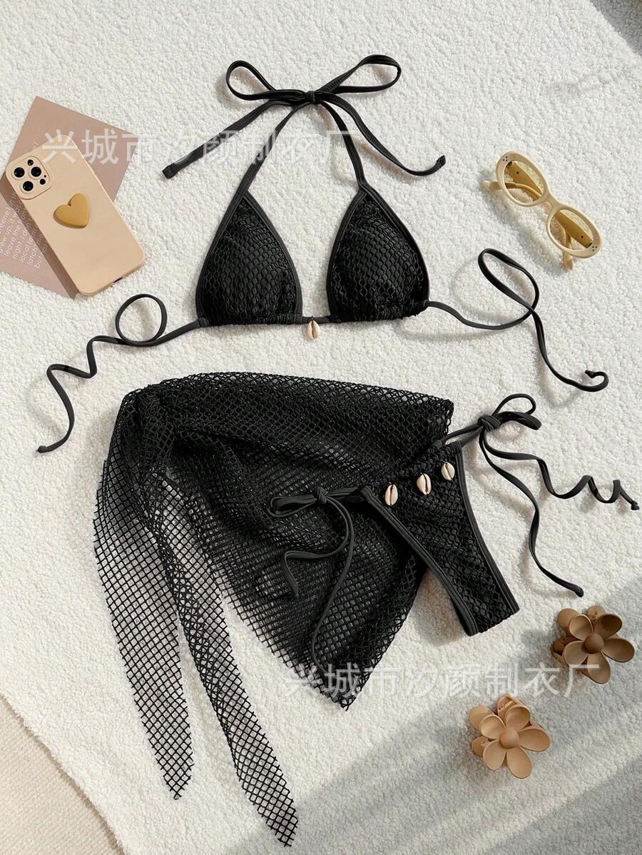 Damen Triangel-Bikini mit transparentem Netzgewebe und Schnürdetails R&B