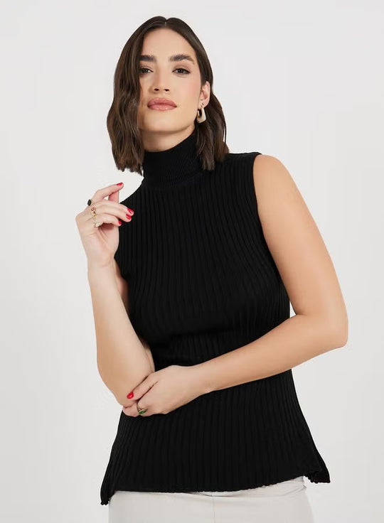 Damen Rollkragenpullover ohne Ärmel mit senkrechtem Rippenmuster R&B