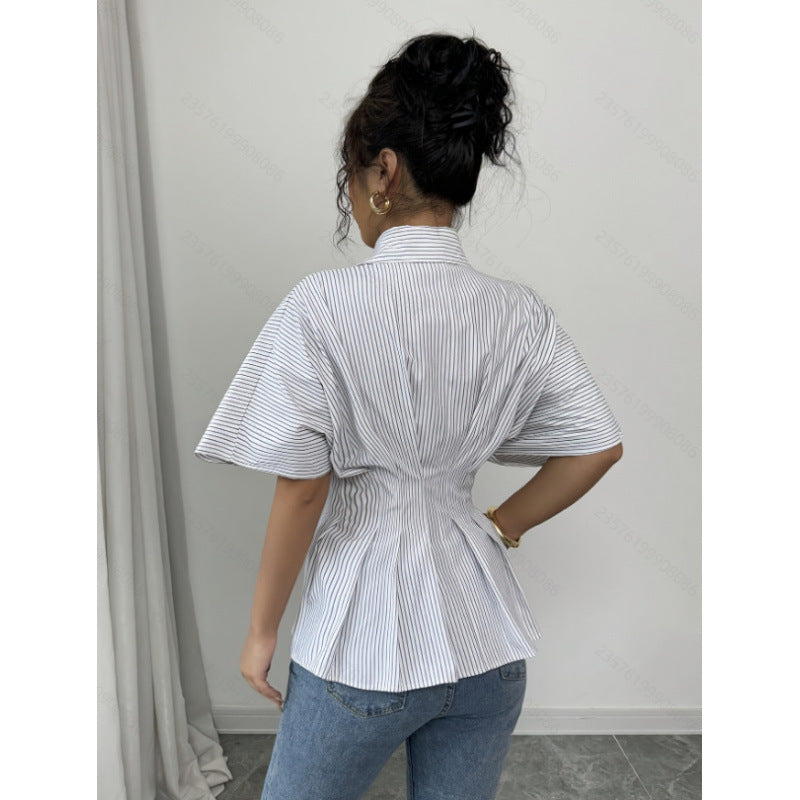 Damen taillierte Bluse mit Puffärmeln und Streifenmuster R&B