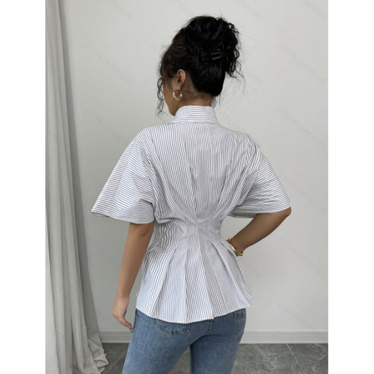 Damen taillierte Bluse mit Puffärmeln und Streifenmuster R&B