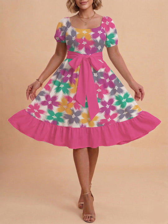 Damen Blumenkleid mit taillierbarem Gürtel und voluminösen Ärmeln R&B