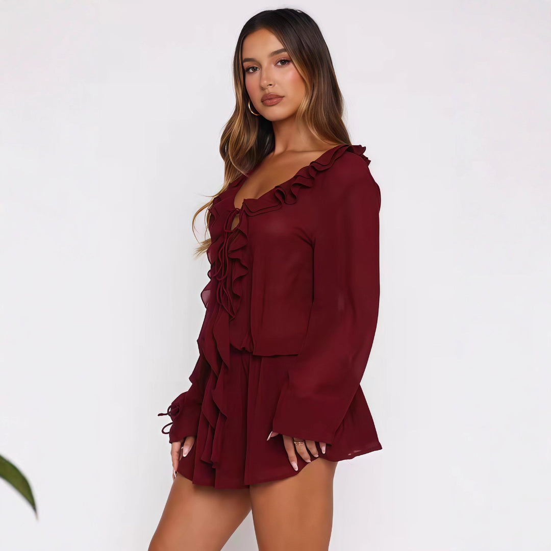 Damen Chiffonbluse mit eleganter Rüschendekoration und tiefem V-Ausschnitt R&B