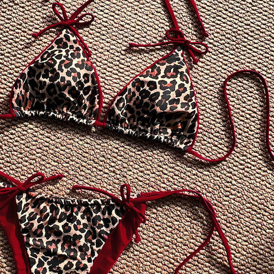 Damen Triangel-Bikini mit detailliertem Tropenmotiv und verstellbaren Bindebändern R&B