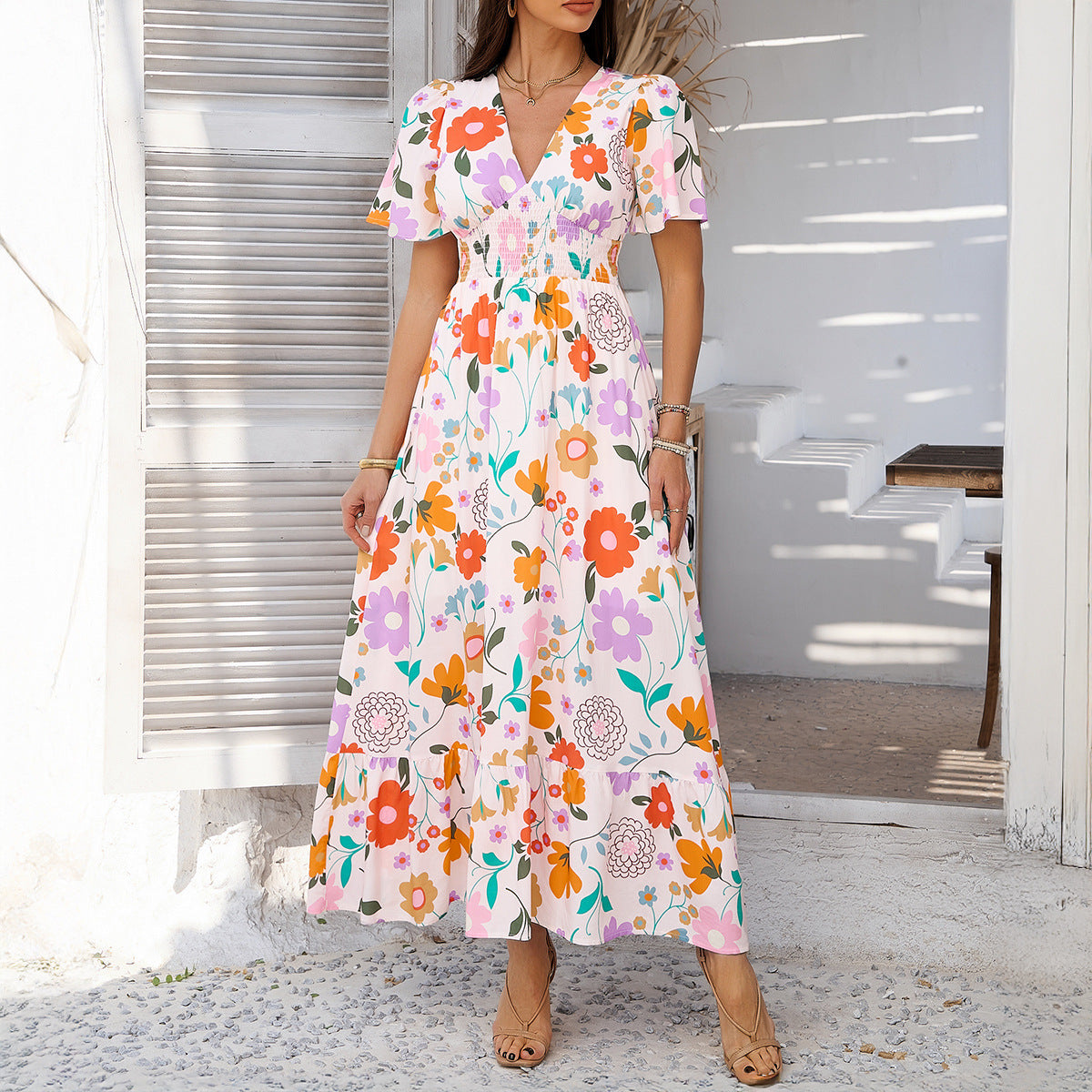 Damen Maxikleid mit raffiniertem V-Ausschnitt und eleganter Raffung R&B