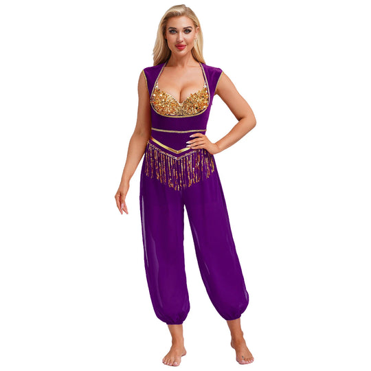 Damen Kostüm-Jumpsuit mit glitzerndem Oberteil und lässiger Hose R&B