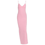 Damen figurbetontes Maxikleid mit schmalen Spaghettiträgern und elegantem V-Ausschnitt R&B