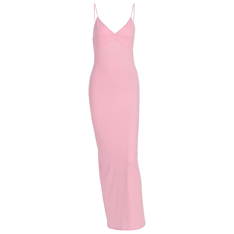 Damen figurbetontes Maxikleid mit schmalen Spaghettiträgern und elegantem V-Ausschnitt R&B