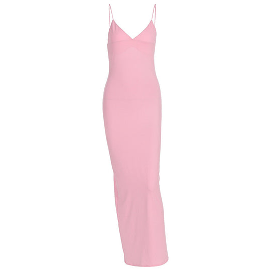 Damen figurbetontes Maxikleid mit schmalen Spaghettiträgern und elegantem V-Ausschnitt R&B