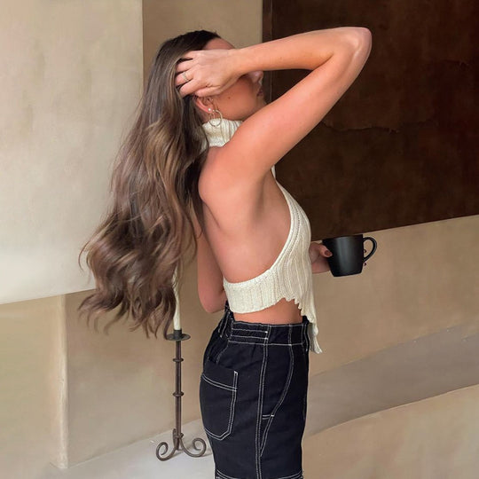 Damen cropped Stricktop mit hohem Kragen R&B
