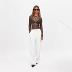 Damen langärmliges Shirt mit transparentem Leopardenmuster R&B