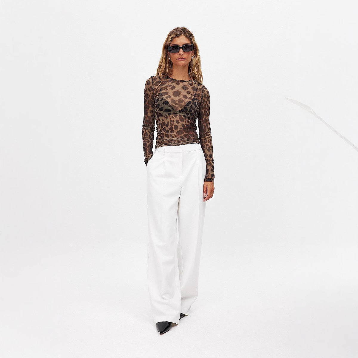 Damen langärmliges Shirt mit transparentem Leopardenmuster R&B