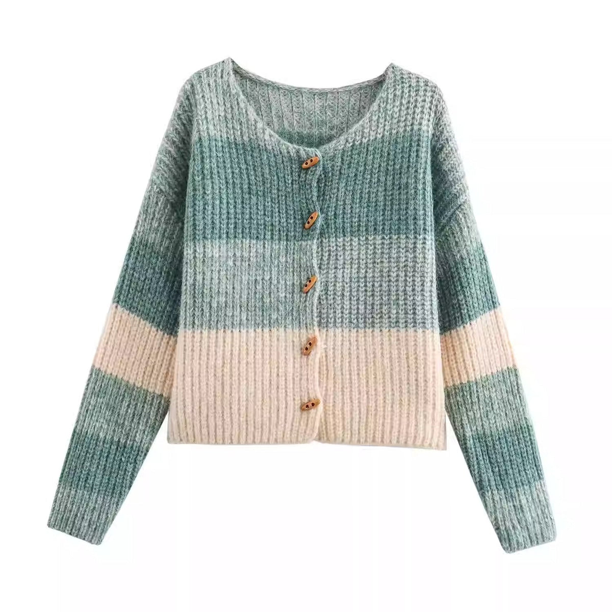 Damen Strickjacke mit elastischem Rippdesign und Holzknöpfen R&B
