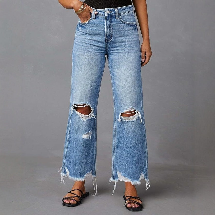 Damen Flared Jeans mit stylischen Rissdetails und ausgefransten Säumen R&B