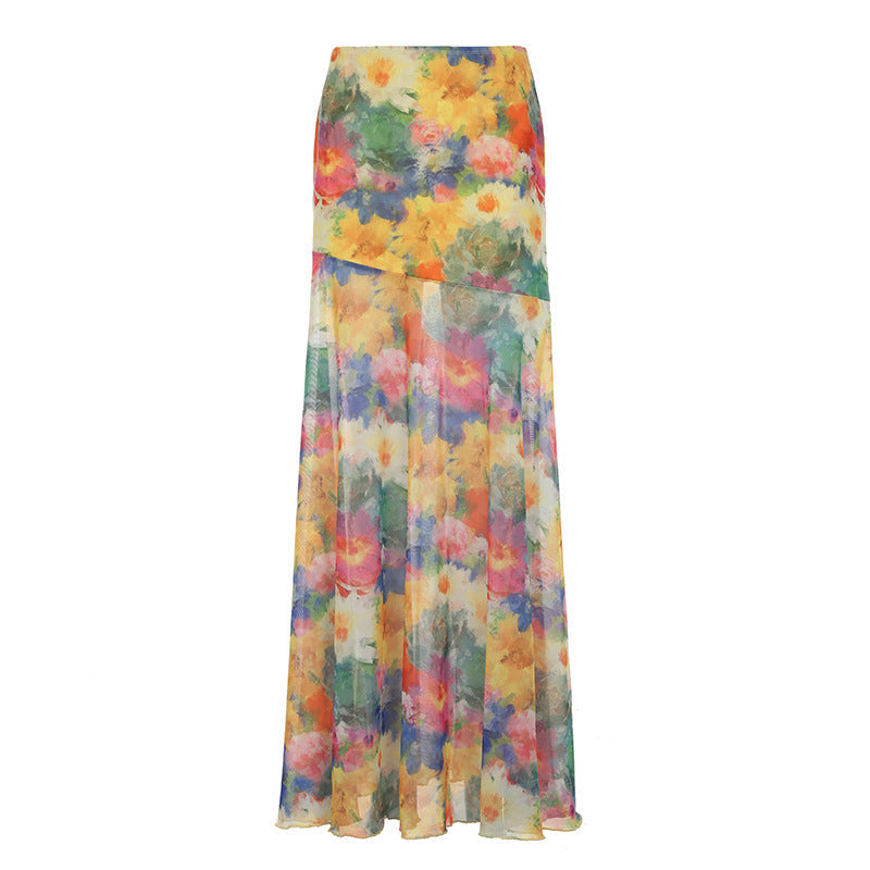 Damen Maxi-Rock mit floralem Chiffon-Design und schwingendem Saum R&B