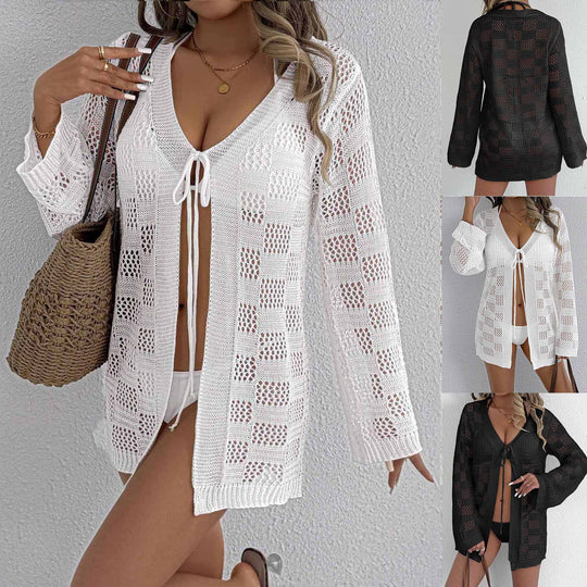 Damen lässiger Häkel-Strandüberwurf mit tiefem V-Ausschnitt und eleganten Details R&B