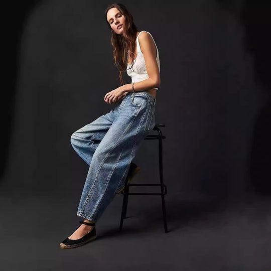 Damen Weite Denim-Hose mit hohem Bund und lässigen Details R&B
