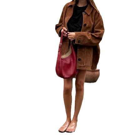 Damen Oversized Wildlederjacke mit Knopfdetails R&B