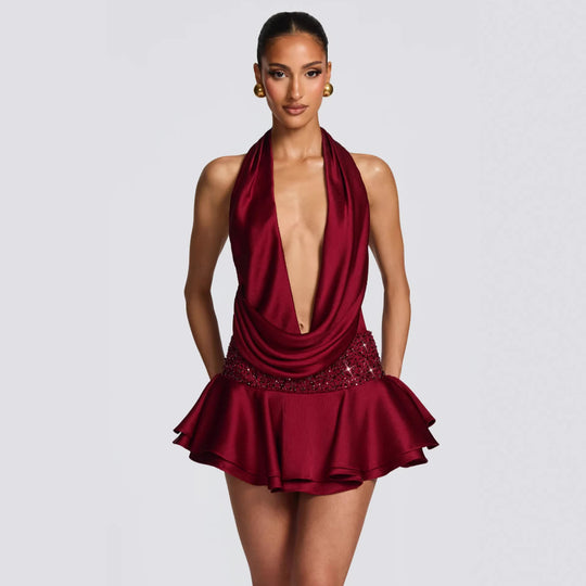Damen elegantes Wickelkleid mit tiefem V-Ausschnitt und schwingendem Rock R&B