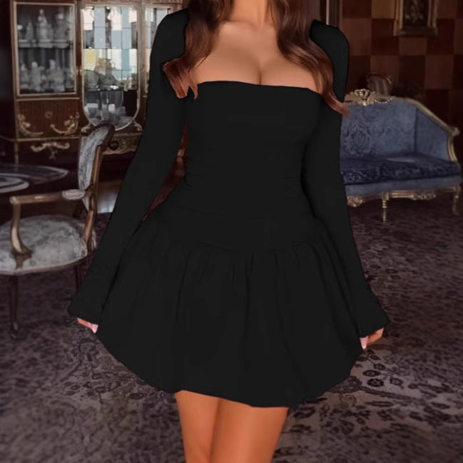 Damen Off-Shoulder Kleid mit voluminösem Rock und langem Arm R&B