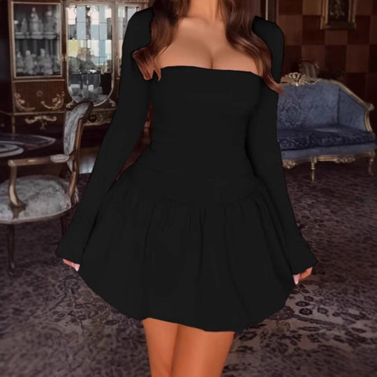 Damen Off-Shoulder Kleid mit voluminösem Rock und langem Arm R&B