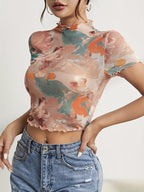 Damen nan figurnahes transparentes Mesh-Top mit barockem Engeldruck, Stehkragen und Kräuselsaum R&B
