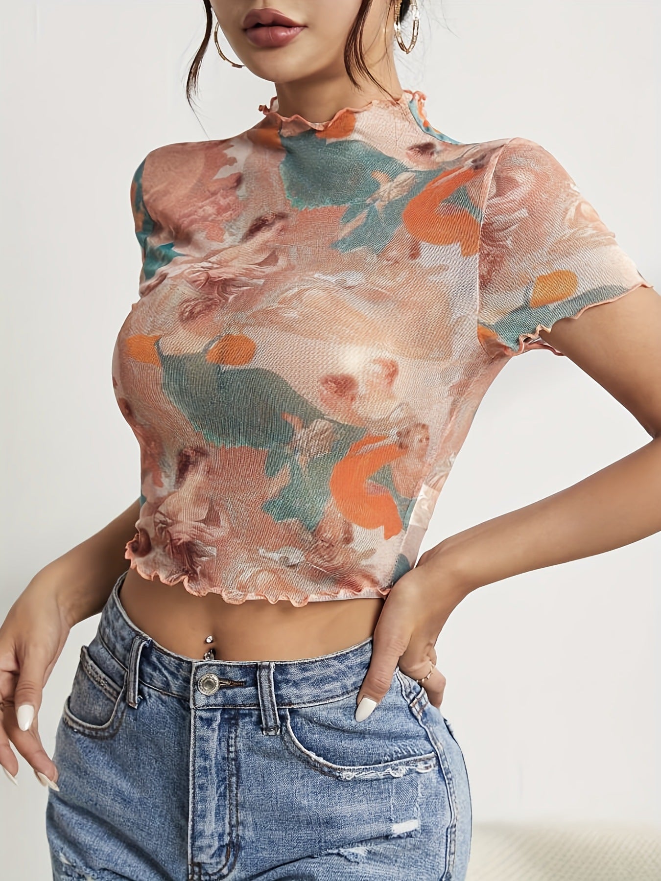 Damen nan figurnahes transparentes Mesh-Top mit barockem Engeldruck, Stehkragen und Kräuselsaum R&B