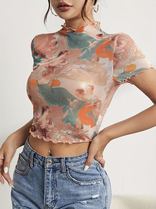 Damen nan figurnahes transparentes Mesh-Top mit barockem Engeldruck, Stehkragen und Kräuselsaum R&B