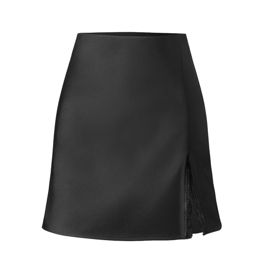 Damen Satin-Rock mit seitlichem Schlitz und Spitzenakzenten R&B