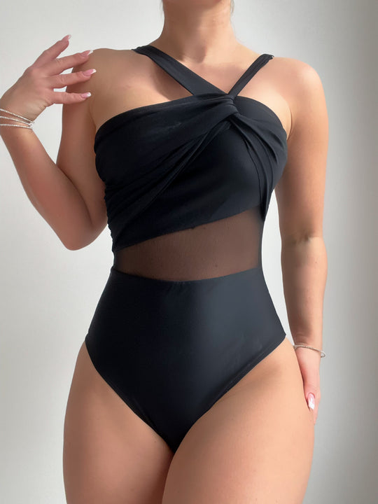 Damen Eleganter Einteiler Badeanzug mit Modernem Stoffmix R&B