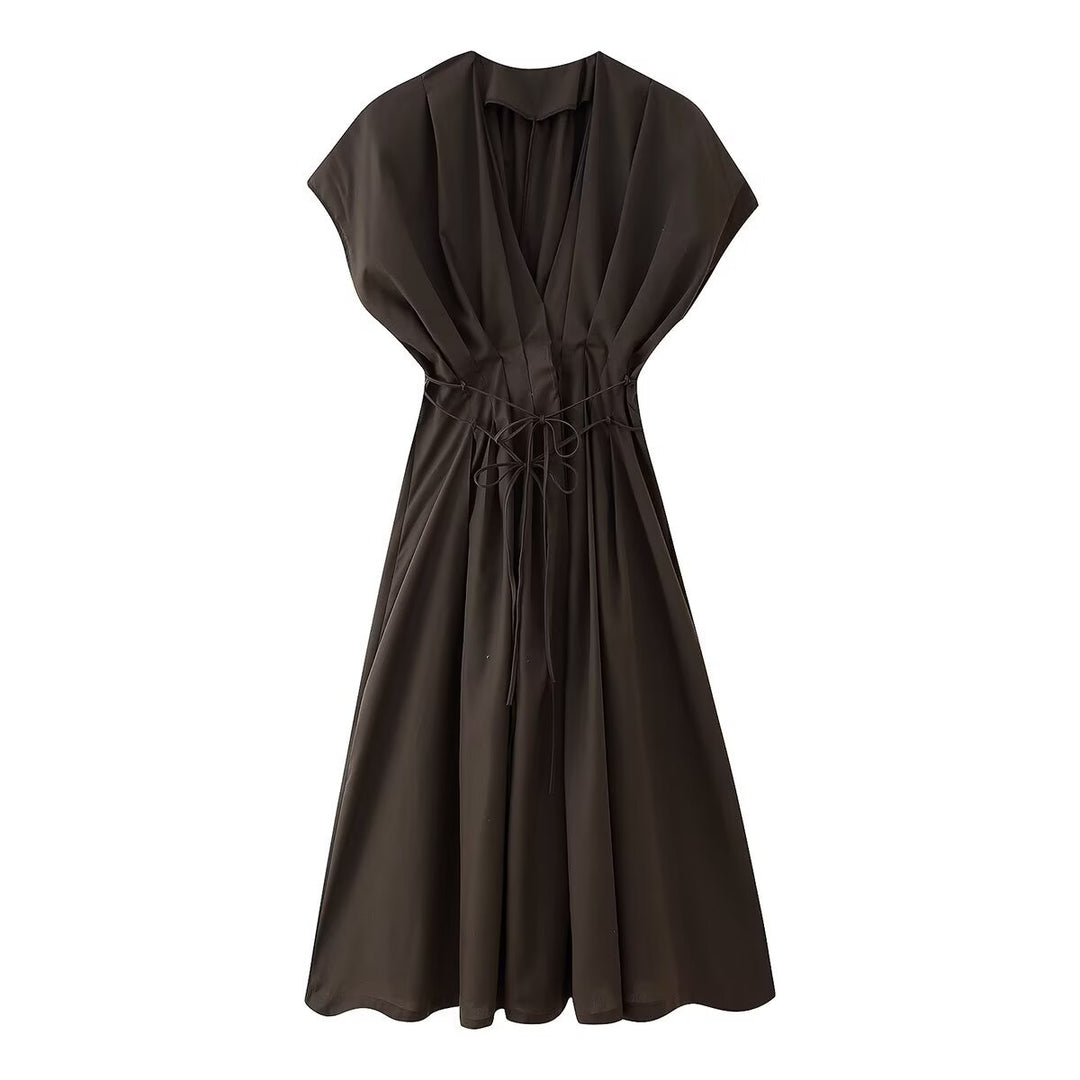 Damen Midikleid mit taillierbarem Bindegürtel und elegantem V-Ausschnitt R&B