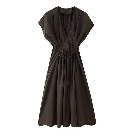 Damen Midikleid mit taillierbarem Bindegürtel und elegantem V-Ausschnitt R&B