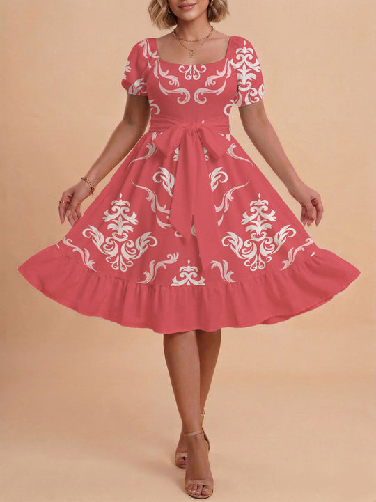 Damen Retro Maxikleid mit Puffärmeln und Taillengürtel R&B