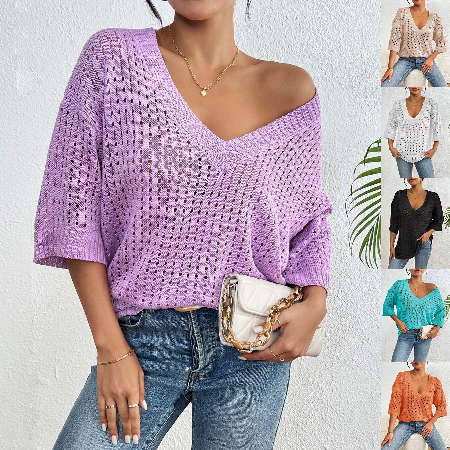 Damen luftiger Strickpullover mit V-Ausschnitt und dekorativem Lochmuster R&B