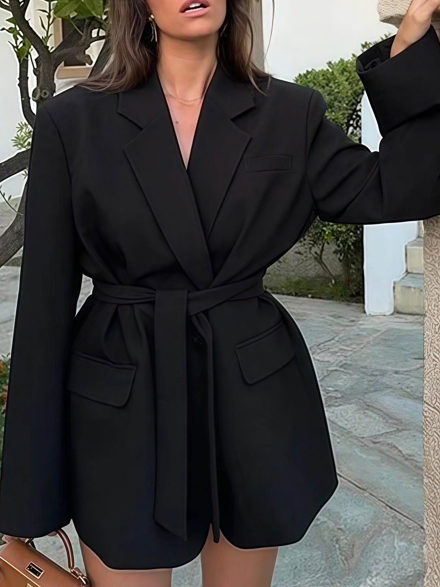 Damen Elegante Blazerjacke mit Gürtel und Taschen R&B